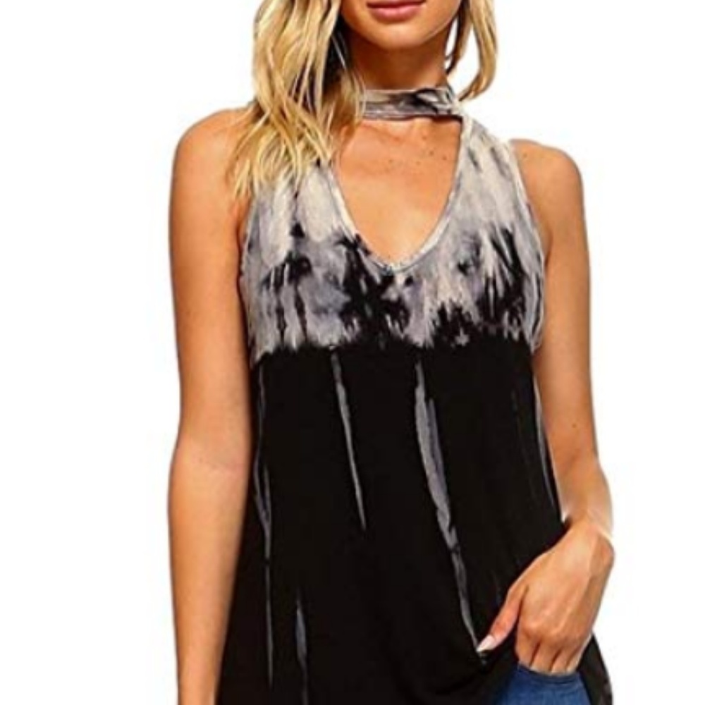 Sleeveless Tie Dye Tunic Collar V Neck Razor Back - Picture 5 of 5
